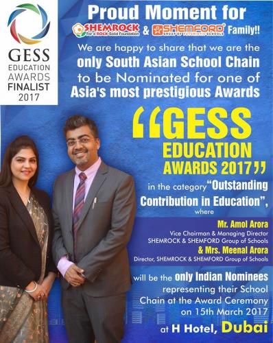 SHEMROCK & SHEMFORD Group of Schools are the only south Asian School Chain to be Nominated for one of Asia's most prestigious Awards "GESS EDUCATION AWARDS 2017" in the category Outstanding Contribution in Education 